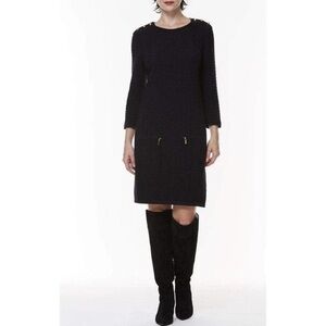 Joan Vass black knit midi cotton dress with gold-toned buttons